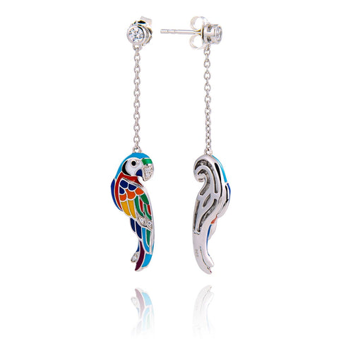boucles d’oreilles colorées avec un oiseau en argent