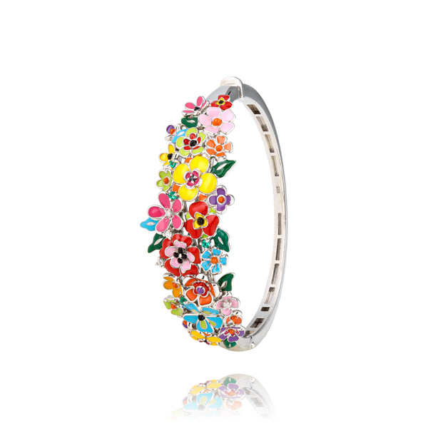 Bracelet Jonc Métal Noirci - Marqueterie Fleurs Argent - Femme - Occasion